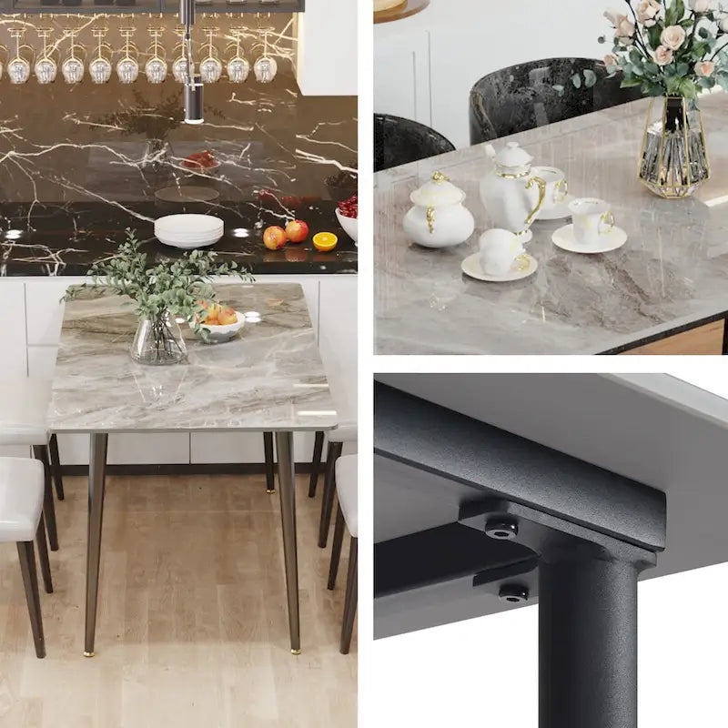 Table de salle à manger moderne 6 places avec plateau en marbre rectangulaire et pieds fuselés en métal
