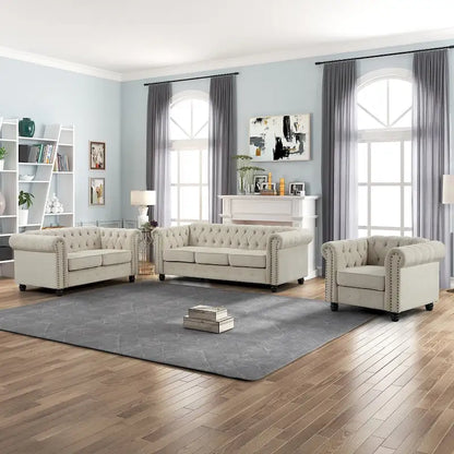 Ensemble Chesterfield Morden Fort capitonné à boutons, fauteuil, causeuse, canapé 3 pièces pour salon, lin, pieds en bois massif