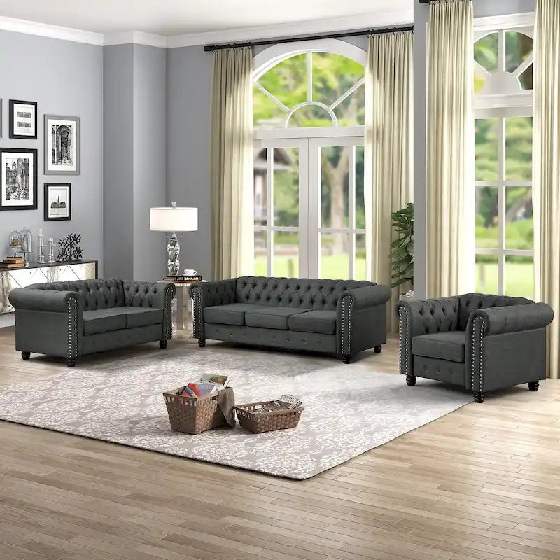 Ensemble Chesterfield Morden Fort capitonné à boutons, fauteuil, causeuse, canapé 3 pièces pour salon, lin, pieds en bois massif