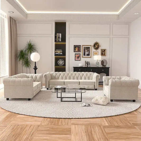 Morden Fort Button Upholstered Chesterfield Set Chair, Loveseat ,Sofa 3 PCS for Living Room,Linen,Solid Wood Legs