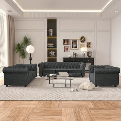 Ensemble Chesterfield Morden Fort capitonné à boutons, fauteuil, causeuse, canapé 3 pièces pour salon, lin, pieds en bois massif