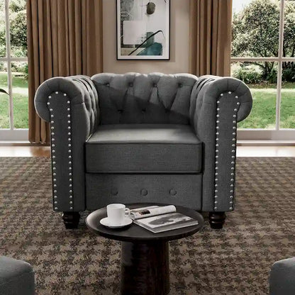Ensemble Chesterfield Morden Fort capitonné à boutons, fauteuil, causeuse, canapé 3 pièces pour salon, lin, pieds en bois massif