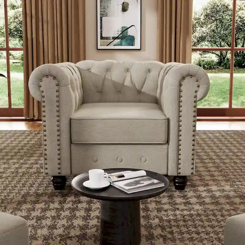 Ensemble Chesterfield Morden Fort capitonné à boutons, fauteuil, causeuse, canapé 3 pièces pour salon, lin, pieds en bois massif