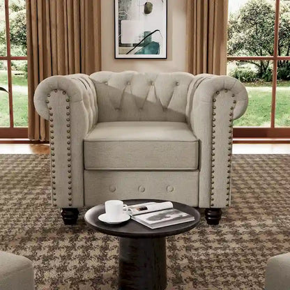 Ensemble Chesterfield Morden Fort capitonné à boutons, fauteuil, causeuse, canapé 3 pièces pour salon, lin, pieds en bois massif