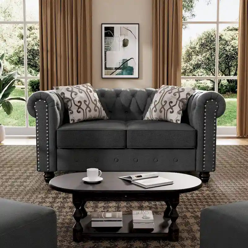 Ensemble Chesterfield Morden Fort capitonné à boutons, fauteuil, causeuse, canapé 3 pièces pour salon, lin, pieds en bois massif