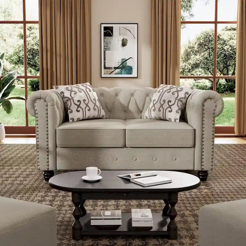 Ensemble Chesterfield Morden Fort capitonné à boutons, fauteuil, causeuse, canapé 3 pièces pour salon, lin, pieds en bois massif