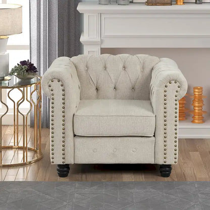 Ensemble Chesterfield Morden Fort capitonné à boutons, fauteuil, causeuse, canapé 3 pièces pour salon, lin, pieds en bois massif