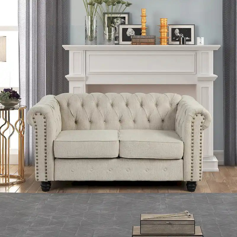 Ensemble Chesterfield Morden Fort capitonné à boutons, fauteuil, causeuse, canapé 3 pièces pour salon, lin, pieds en bois massif