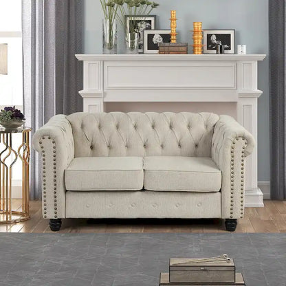 Ensemble Chesterfield Morden Fort capitonné à boutons, fauteuil, causeuse, canapé 3 pièces pour salon, lin, pieds en bois massif