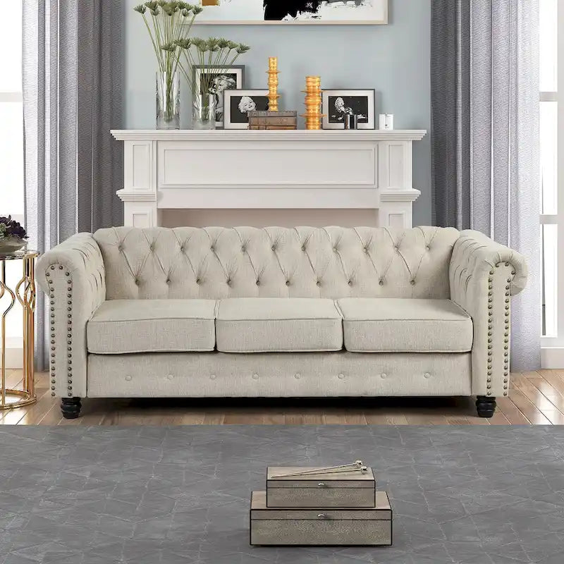 Ensemble Chesterfield Morden Fort capitonné à boutons, fauteuil, causeuse, canapé 3 pièces pour salon, lin, pieds en bois massif