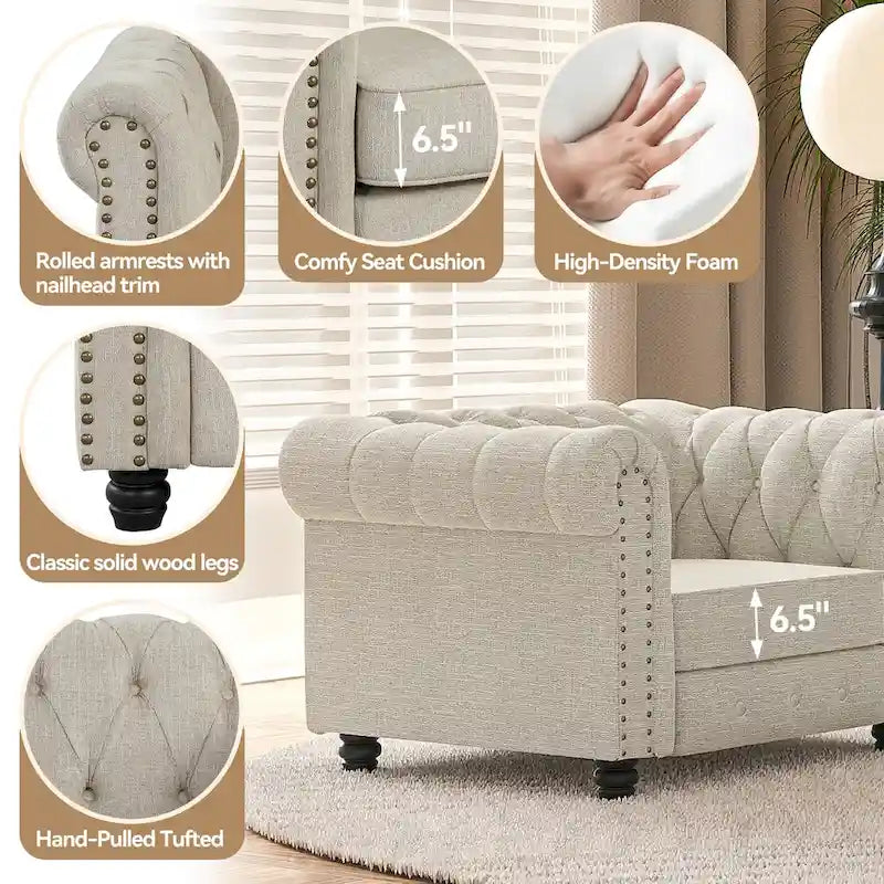 Ensemble Chesterfield Morden Fort capitonné à boutons, fauteuil, causeuse, canapé 3 pièces pour salon, lin, pieds en bois massif
