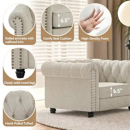 Ensemble Chesterfield Morden Fort capitonné à boutons, fauteuil, causeuse, canapé 3 pièces pour salon, lin, pieds en bois massif