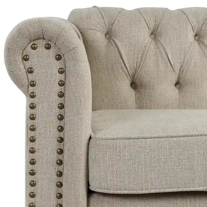 Ensemble Chesterfield Morden Fort capitonné à boutons, fauteuil, causeuse, canapé 3 pièces pour salon, lin, pieds en bois massif
