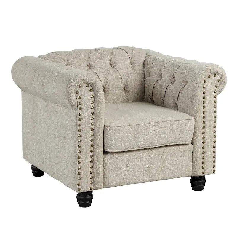 Ensemble Chesterfield Morden Fort capitonné à boutons, fauteuil, causeuse, canapé 3 pièces pour salon, lin, pieds en bois massif