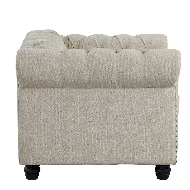 Ensemble Chesterfield Morden Fort capitonné à boutons, fauteuil, causeuse, canapé 3 pièces pour salon, lin, pieds en bois massif
