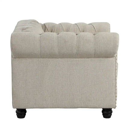 Ensemble Chesterfield Morden Fort capitonné à boutons, fauteuil, causeuse, canapé 3 pièces pour salon, lin, pieds en bois massif