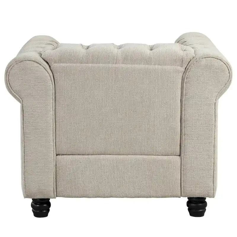 Ensemble Chesterfield Morden Fort capitonné à boutons, fauteuil, causeuse, canapé 3 pièces pour salon, lin, pieds en bois massif