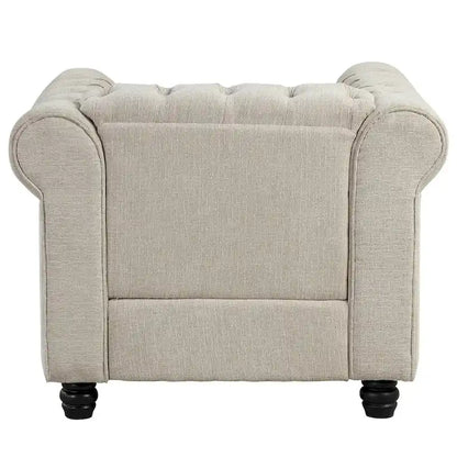 Ensemble Chesterfield Morden Fort capitonné à boutons, fauteuil, causeuse, canapé 3 pièces pour salon, lin, pieds en bois massif