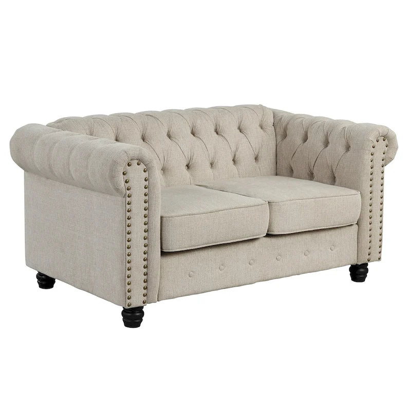 Ensemble Chesterfield Morden Fort capitonné à boutons, fauteuil, causeuse, canapé 3 pièces pour salon, lin, pieds en bois massif