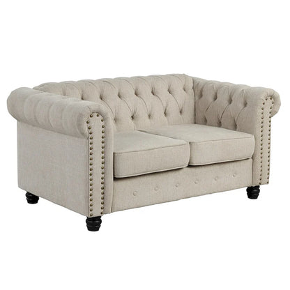 Ensemble Chesterfield Morden Fort capitonné à boutons, fauteuil, causeuse, canapé 3 pièces pour salon, lin, pieds en bois massif
