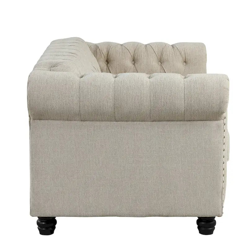 Ensemble Chesterfield Morden Fort capitonné à boutons, fauteuil, causeuse, canapé 3 pièces pour salon, lin, pieds en bois massif