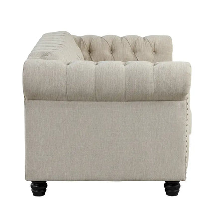 Ensemble Chesterfield Morden Fort capitonné à boutons, fauteuil, causeuse, canapé 3 pièces pour salon, lin, pieds en bois massif