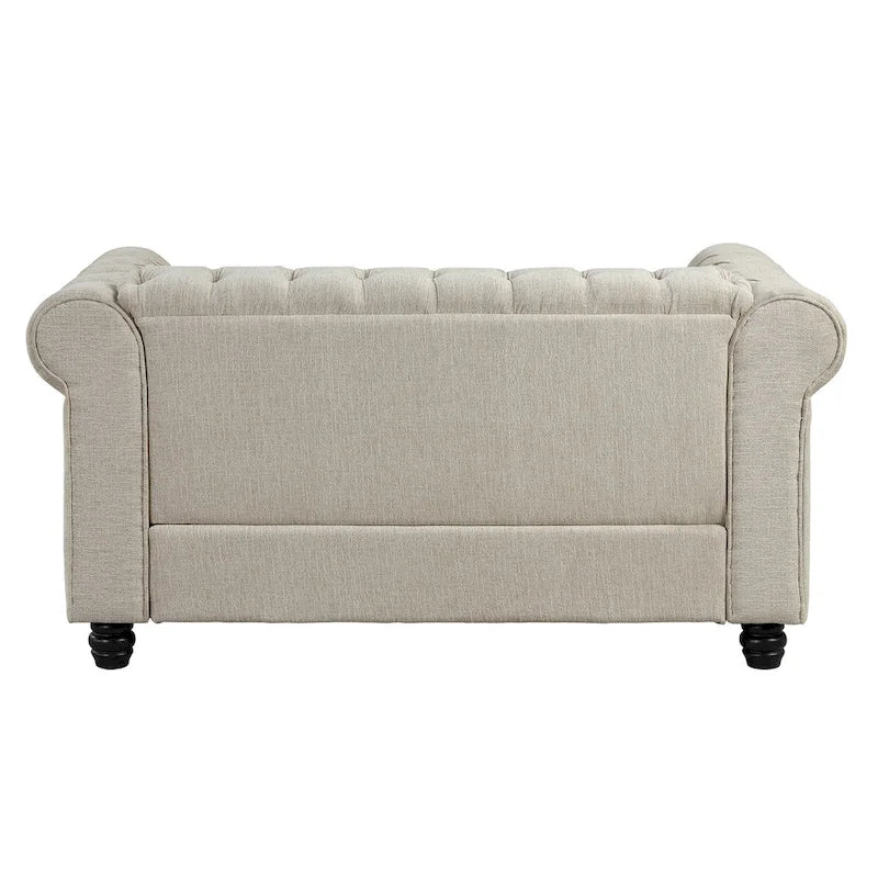 Ensemble Chesterfield Morden Fort capitonné à boutons, fauteuil, causeuse, canapé 3 pièces pour salon, lin, pieds en bois massif