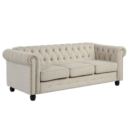 Ensemble Chesterfield Morden Fort capitonné à boutons, fauteuil, causeuse, canapé 3 pièces pour salon, lin, pieds en bois massif