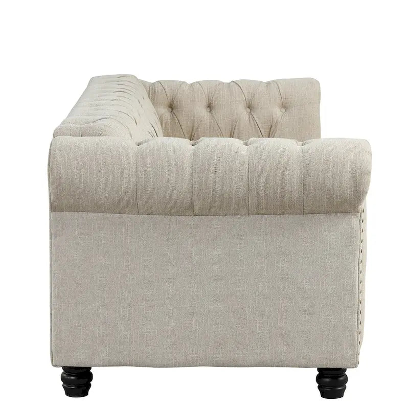 Ensemble Chesterfield Morden Fort capitonné à boutons, fauteuil, causeuse, canapé 3 pièces pour salon, lin, pieds en bois massif