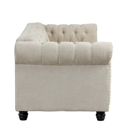Ensemble Chesterfield Morden Fort capitonné à boutons, fauteuil, causeuse, canapé 3 pièces pour salon, lin, pieds en bois massif