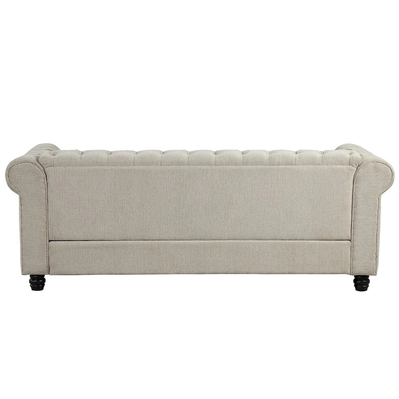 Ensemble Chesterfield Morden Fort capitonné à boutons, fauteuil, causeuse, canapé 3 pièces pour salon, lin, pieds en bois massif