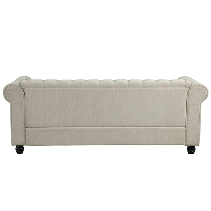 Ensemble Chesterfield Morden Fort capitonné à boutons, fauteuil, causeuse, canapé 3 pièces pour salon, lin, pieds en bois massif