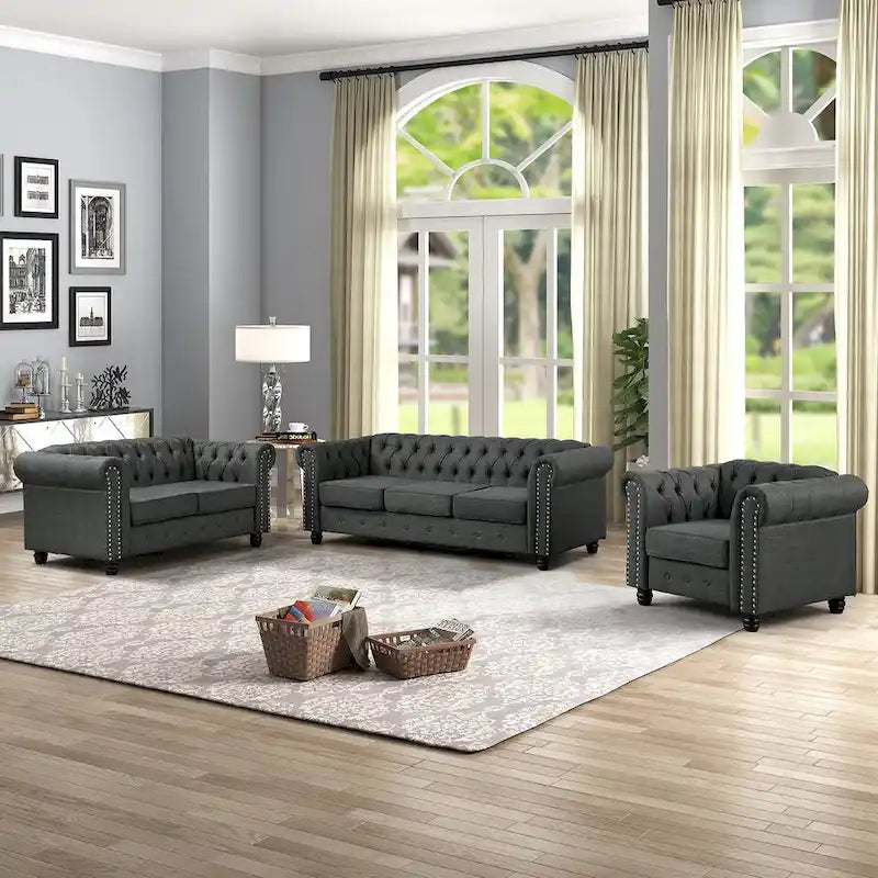Ensemble Chesterfield Morden Fort capitonné à boutons, fauteuil, causeuse, canapé 3 pièces pour salon, lin, pieds en bois massif