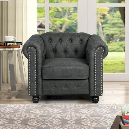 Ensemble Chesterfield Morden Fort capitonné à boutons, fauteuil, causeuse, canapé 3 pièces pour salon, lin, pieds en bois massif