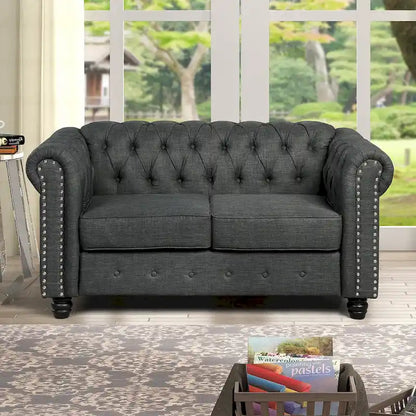 Ensemble Chesterfield Morden Fort capitonné à boutons, fauteuil, causeuse, canapé 3 pièces pour salon, lin, pieds en bois massif