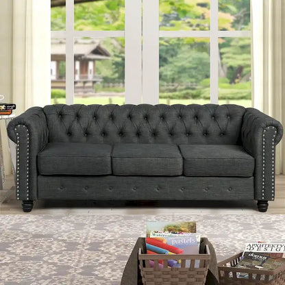 Ensemble Chesterfield Morden Fort capitonné à boutons, fauteuil, causeuse, canapé 3 pièces pour salon, lin, pieds en bois massif