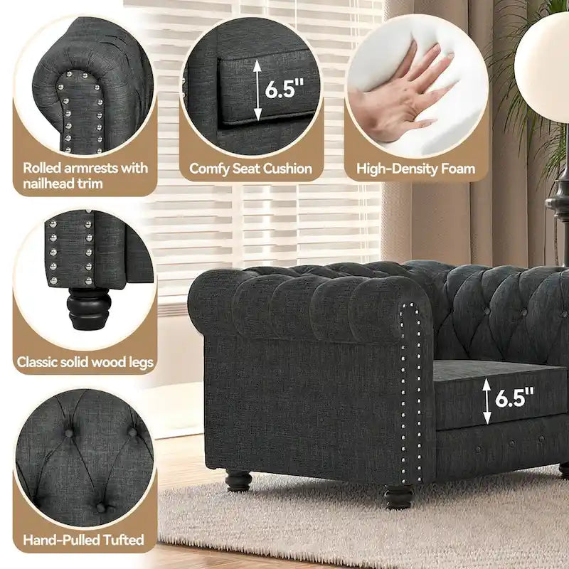 Ensemble Chesterfield Morden Fort capitonné à boutons, fauteuil, causeuse, canapé 3 pièces pour salon, lin, pieds en bois massif