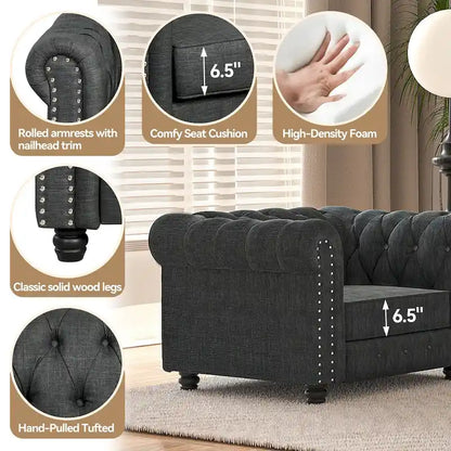 Ensemble Chesterfield Morden Fort capitonné à boutons, fauteuil, causeuse, canapé 3 pièces pour salon, lin, pieds en bois massif
