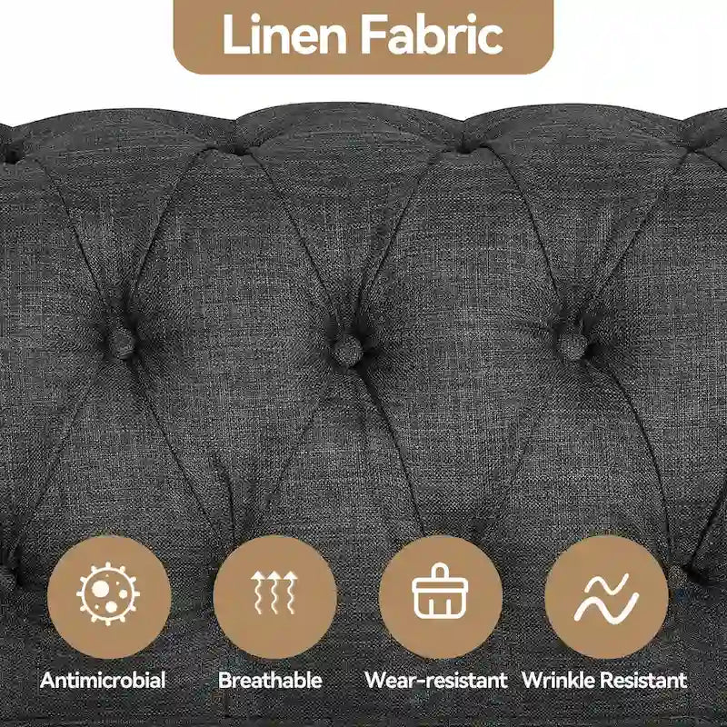 Ensemble Chesterfield Morden Fort capitonné à boutons, fauteuil, causeuse, canapé 3 pièces pour salon, lin, pieds en bois massif