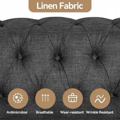 Ensemble Chesterfield Morden Fort capitonné à boutons, fauteuil, causeuse, canapé 3 pièces pour salon, lin, pieds en bois massif