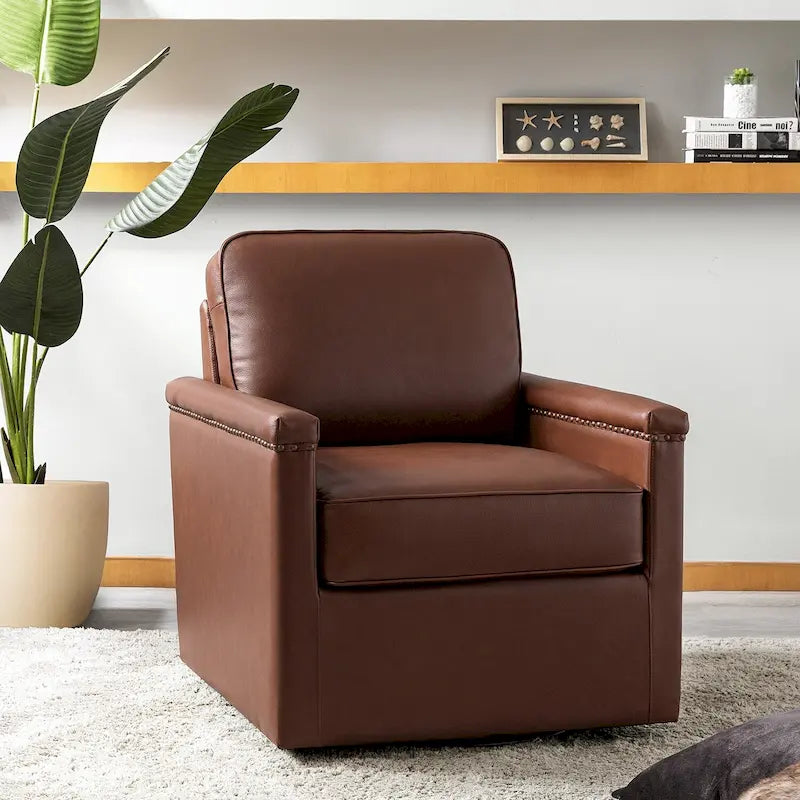 Fauteuil pivotant classique Rita en cuir véritable avec garnitures cloutées par HULALA HOME