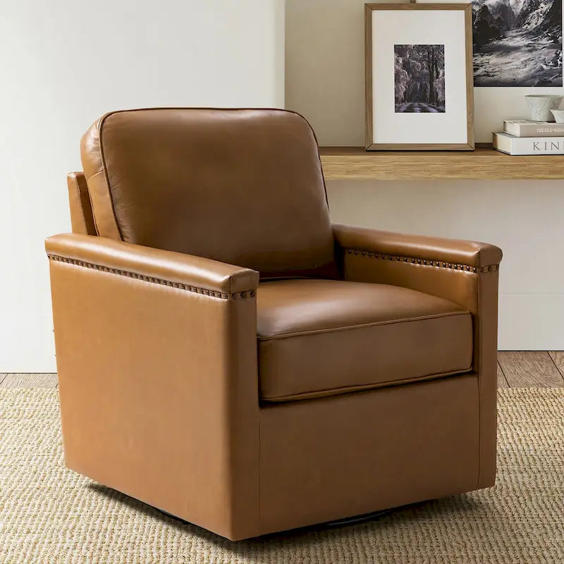 Fauteuil pivotant classique Rita en cuir véritable avec garnitures cloutées par HULALA HOME