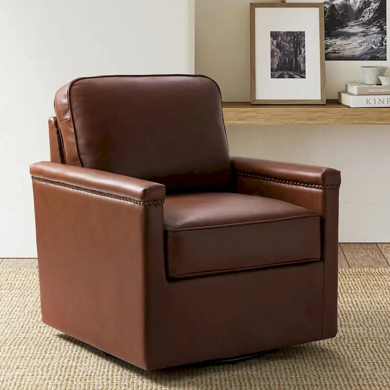 Fauteuil pivotant classique Rita en cuir véritable avec garnitures cloutées par HULALA HOME