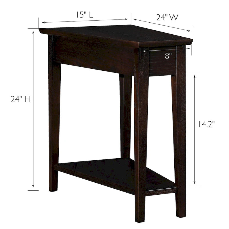 Table d'appoint Teegan en bois massif avec étagère, en forme de coin pour fauteuil inclinable.