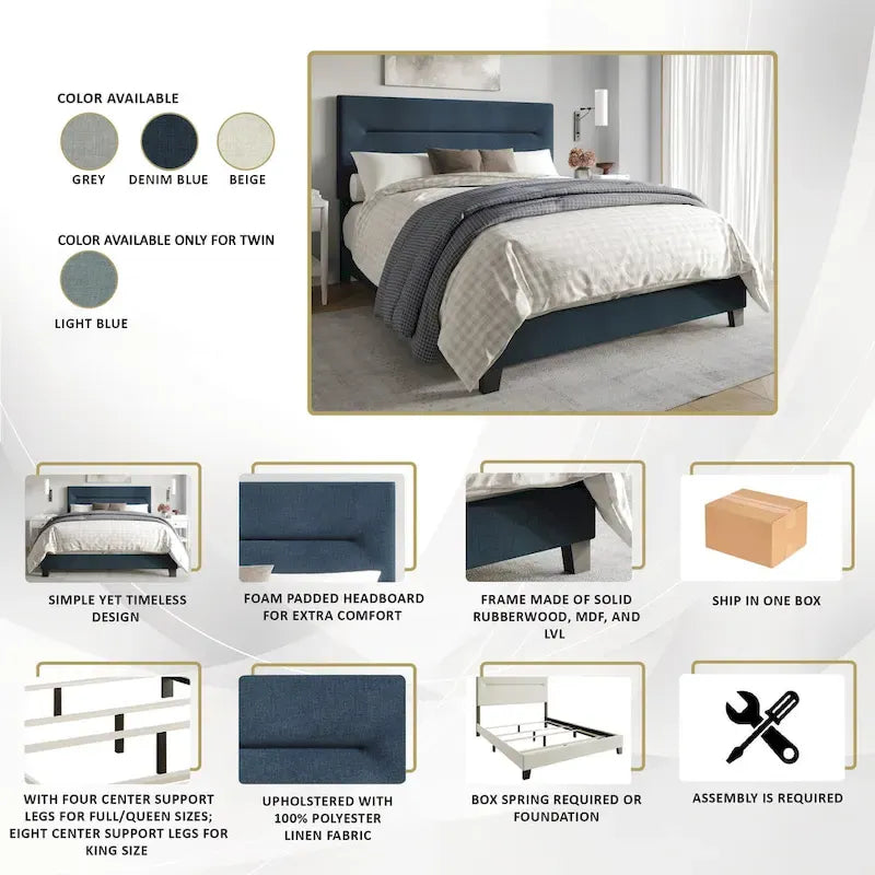 Lit rembourré en lin CraftPorch, simple et épuré