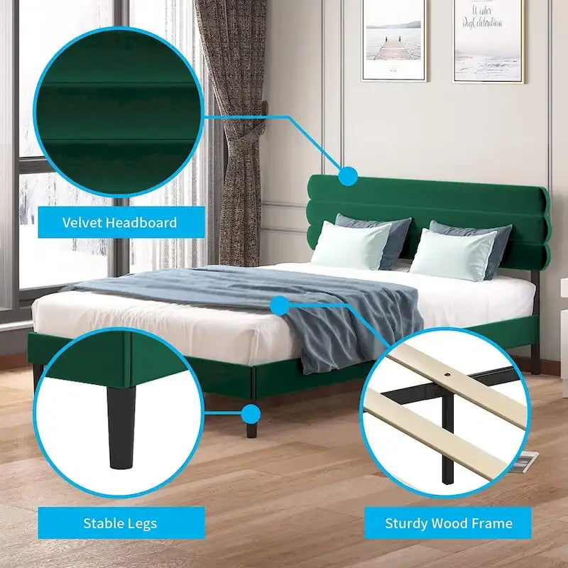 Mobilier de chambre Mixoy en tissu rembourré, cadre de lit capitonné avec tête de lit en velours.