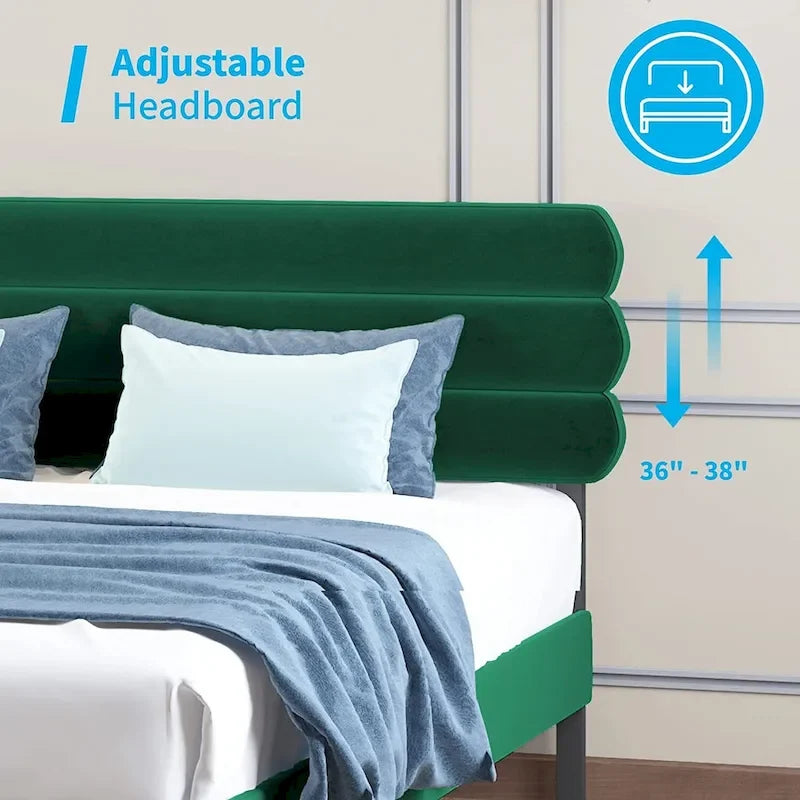 Mobilier de chambre Mixoy en tissu rembourré, cadre de lit capitonné avec tête de lit en velours.