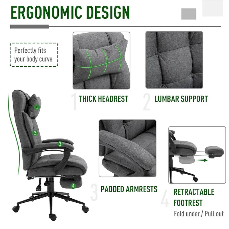 Fauteuil de bureau Vinsetto Executive en lin avec repose-pieds, appui-tête et soutien lombaire rétractables