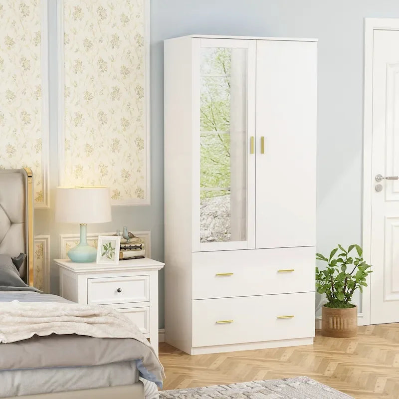 Armoire à deux portes avec miroir, 80 cm de largeur x 183 cm de hauteur, blanc/brun foncé - 80 cm de largeur x 183 cm de hauteur