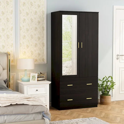 Armoire à deux portes avec miroir, 80 cm de largeur x 183 cm de hauteur, blanc/brun foncé - 80 cm de largeur x 183 cm de hauteur